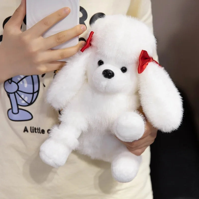 Fluffy poodle puppy stuffed animal, cream-colored, lifelike detail, ideal room decor.