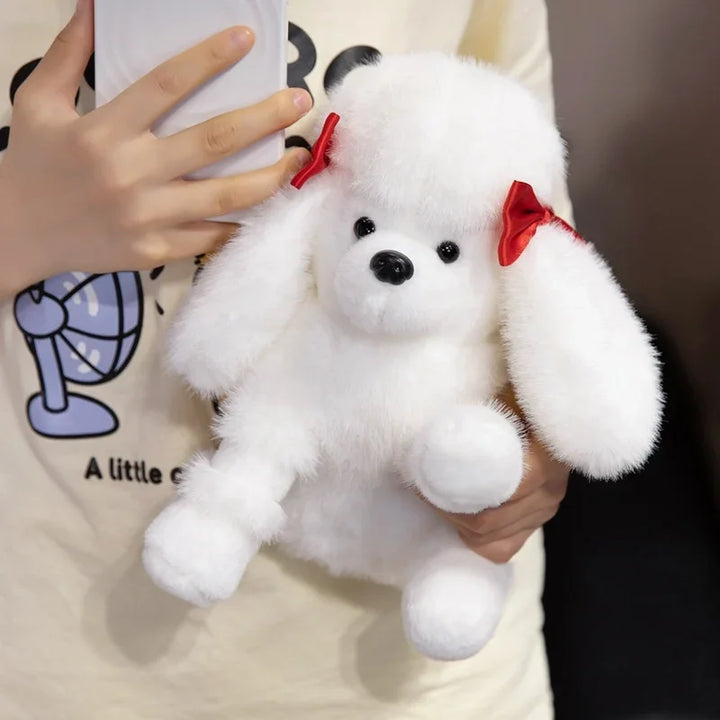 Fluffy poodle puppy stuffed animal, cream-colored, lifelike detail, ideal room decor.