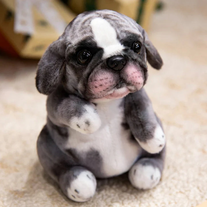 Adorable pug puppy plush, brown and black, perfect for children's room decor.