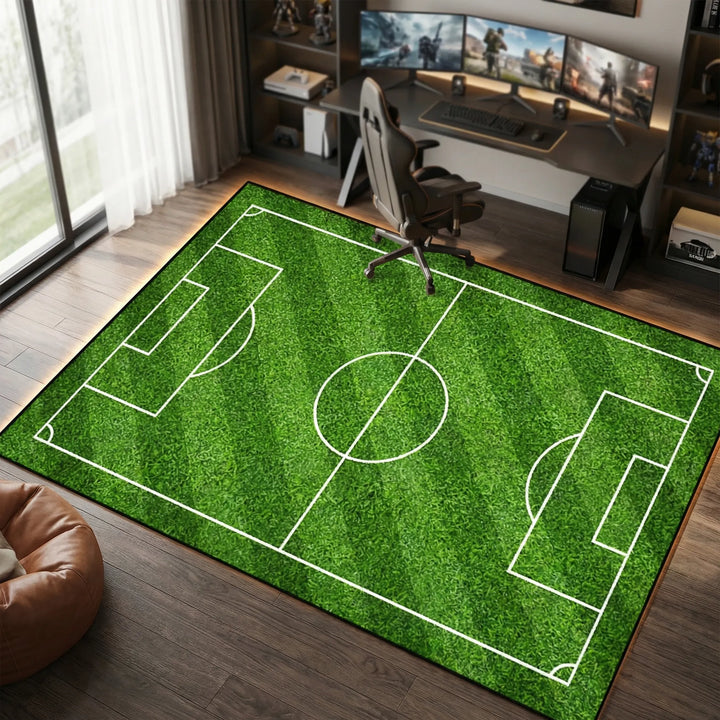 Realistic soccer field area rug for playrooms. Vibrant green turf design with white lines, perfect for sports decor.