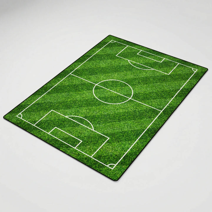 Kids' soccer field area rug, machine washable & non-slip. Ideal playroom rug for active children's sports decor.