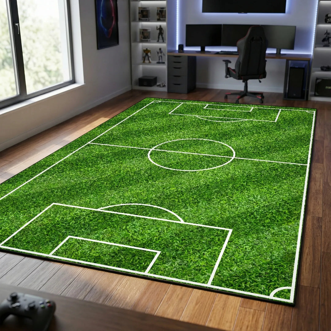 Vibrant soccer field area rug, realistic design, perfect for kids' rooms & sports-themed home decor. Easy care.