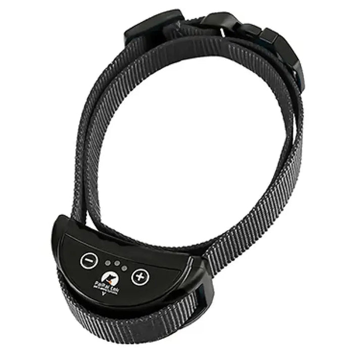 Rechargeable anti-bark dog training collar with adjustable vibration, waterproof design for pet safety.