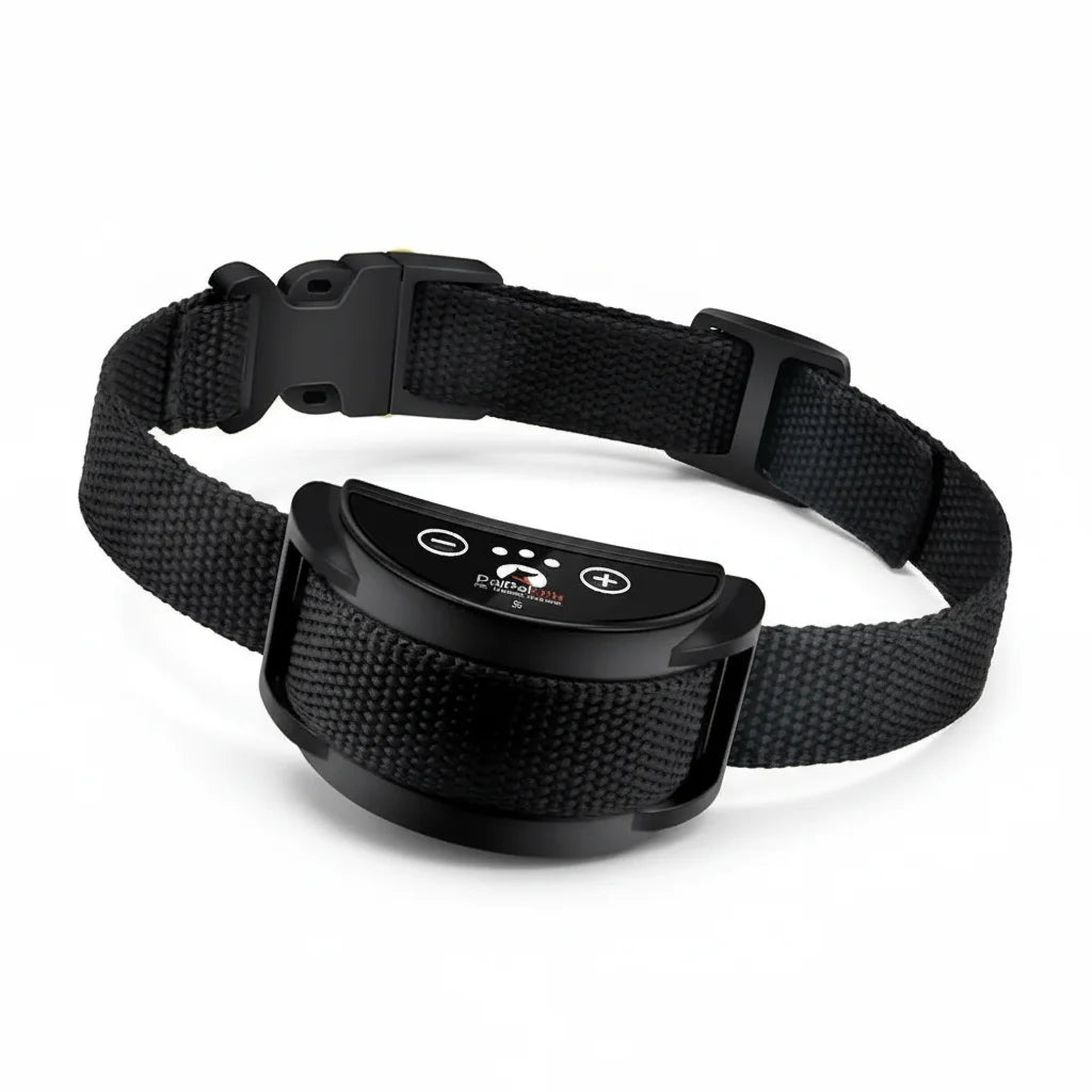 Adjustable humane vibration dog collar for bark control, rechargeable with reflective strip.