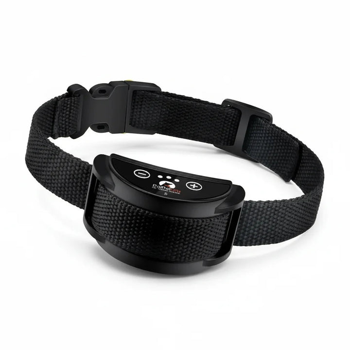Adjustable humane vibration dog collar for bark control, rechargeable with reflective strip.