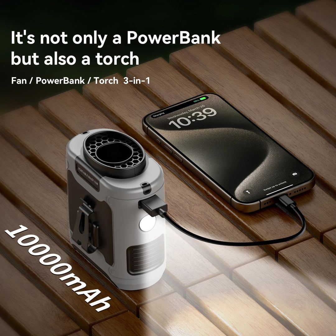 Unisex hands-free clip fan, rechargeable with integrated power bank & LED light; ideal personal cooling for any adventure.
