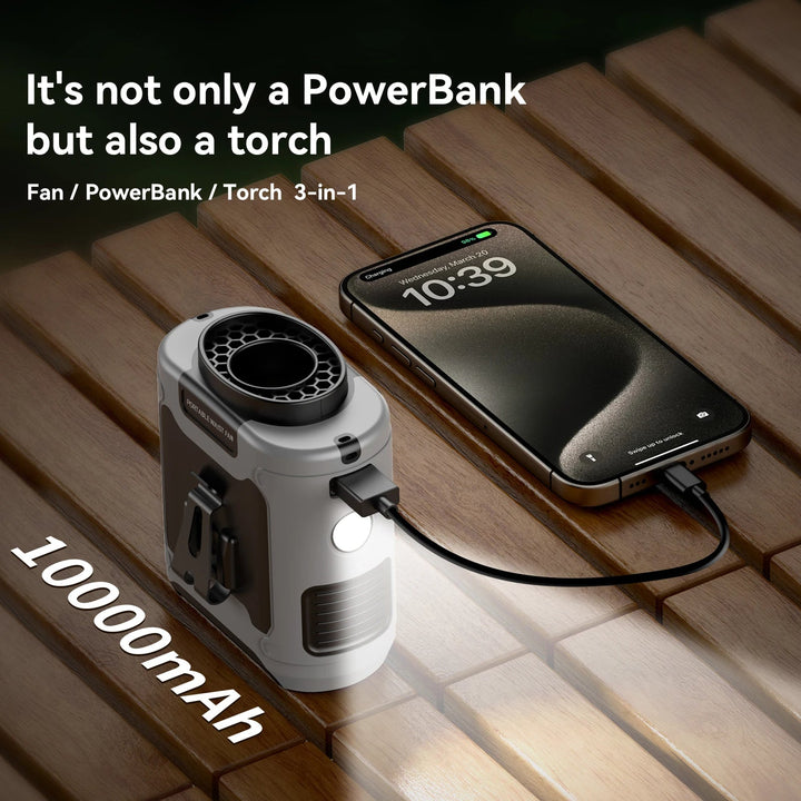 Unisex hands-free clip fan, rechargeable with integrated power bank & LED light; ideal personal cooling for any adventure.