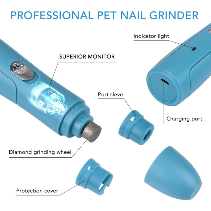 Close-up of a compact electric nail grinder for small pets, ideal for gentle cat and dog nail grooming.