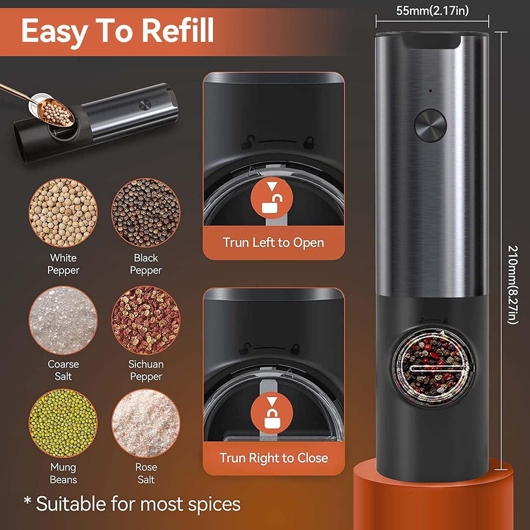 Rechargeable electric pepper & salt mill set, automatic kitchen gadget with LED, perfect for cooking.