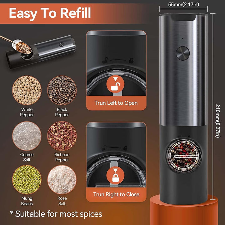 Rechargeable electric pepper & salt mill set, automatic kitchen gadget with LED, perfect for cooking.