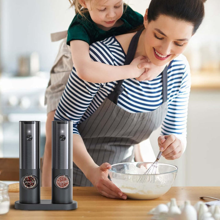 Advanced electric kitchen gadget: salt & pepper mill set, automatic, rechargeable, with LED illumination.