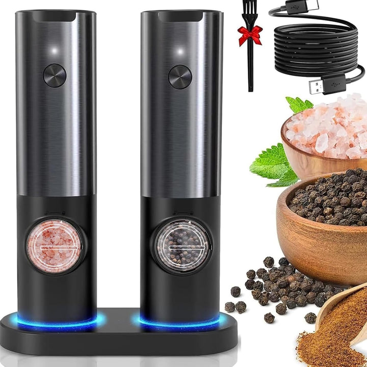 Rechargeable electric spice grinder set in stainless steel for salt & pepper. Effortless home kitchen seasoning.
