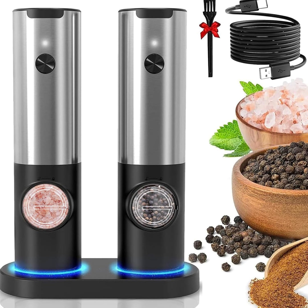 Electric salt & pepper mill set, rechargeable kitchen gadget for effortless seasoning. Stainless steel design.
