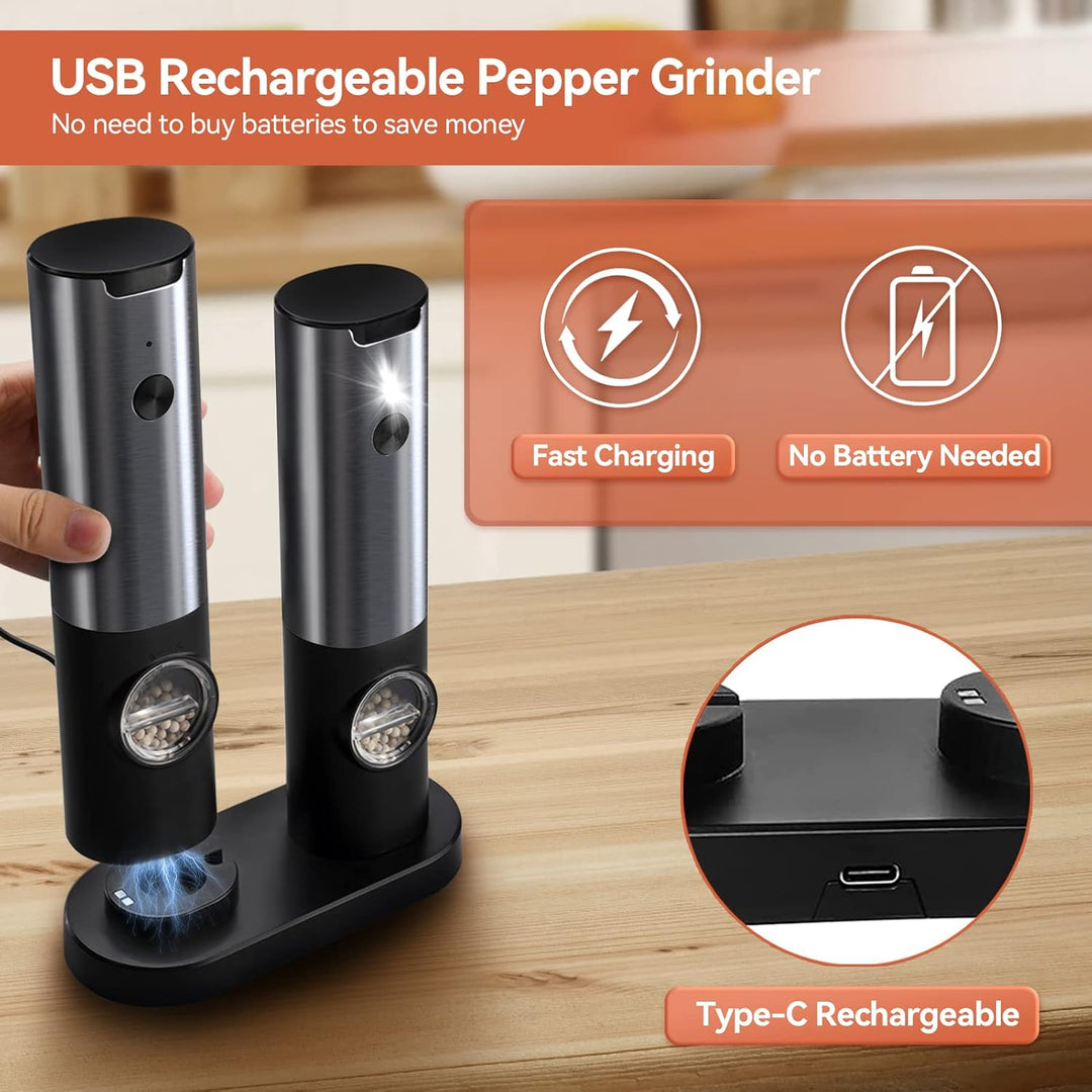 Stainless steel electric pepper mill & salt grinder set, rechargeable for convenient home kitchen seasoning.