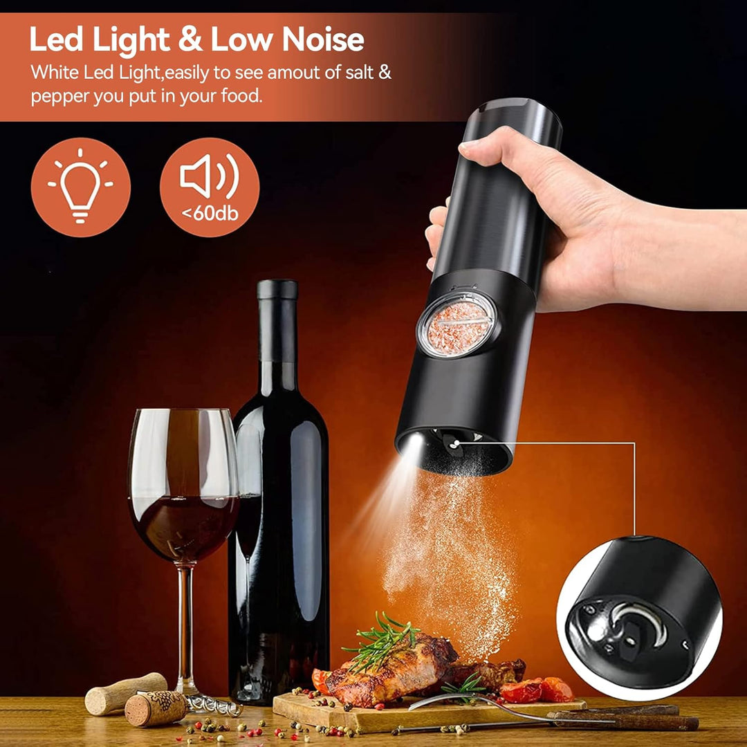 Duo rechargeable electric salt & pepper mill set, stainless steel design for easy home kitchen seasoning.