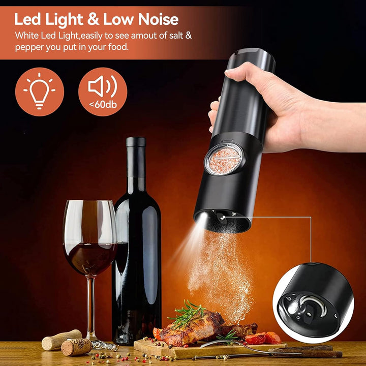 Duo rechargeable electric salt & pepper mill set, stainless steel design for easy home kitchen seasoning.