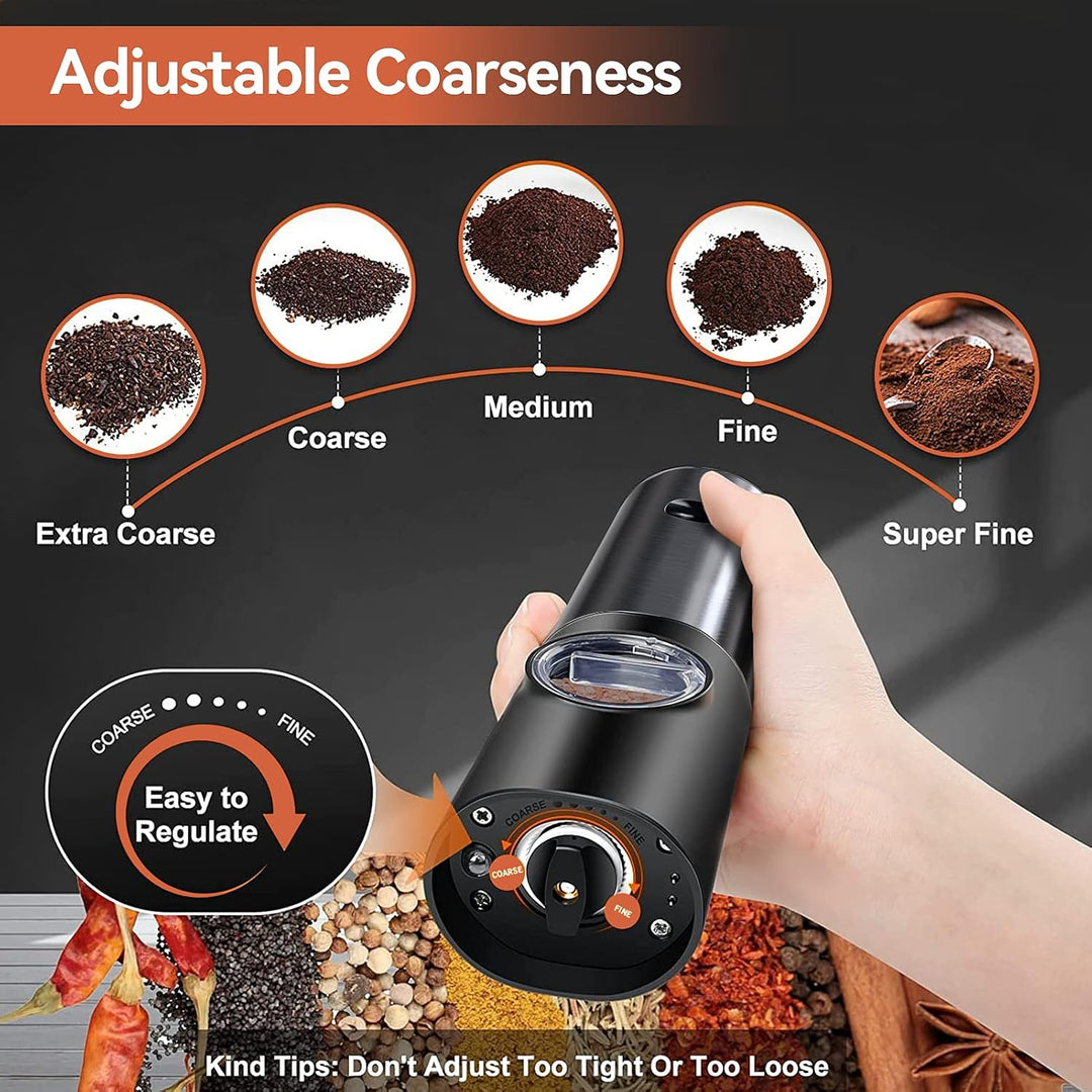 Sleek stainless steel electric spice grinder set, rechargeable for effortless cooking & fresh flavors.