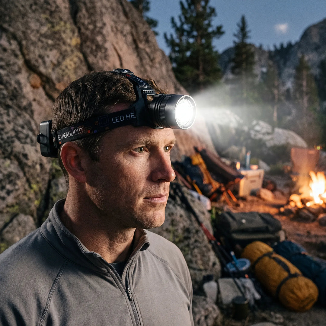 Rechargeable hands-free LED headlamp for camping, hiking, and outdoor adventures. Bright & portable light.