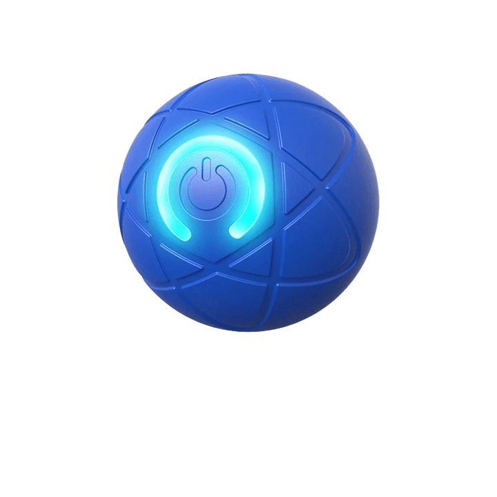 Close-up of a textured TPR rubber rechargeable interactive dog ball. Durable and automatic pet toy.