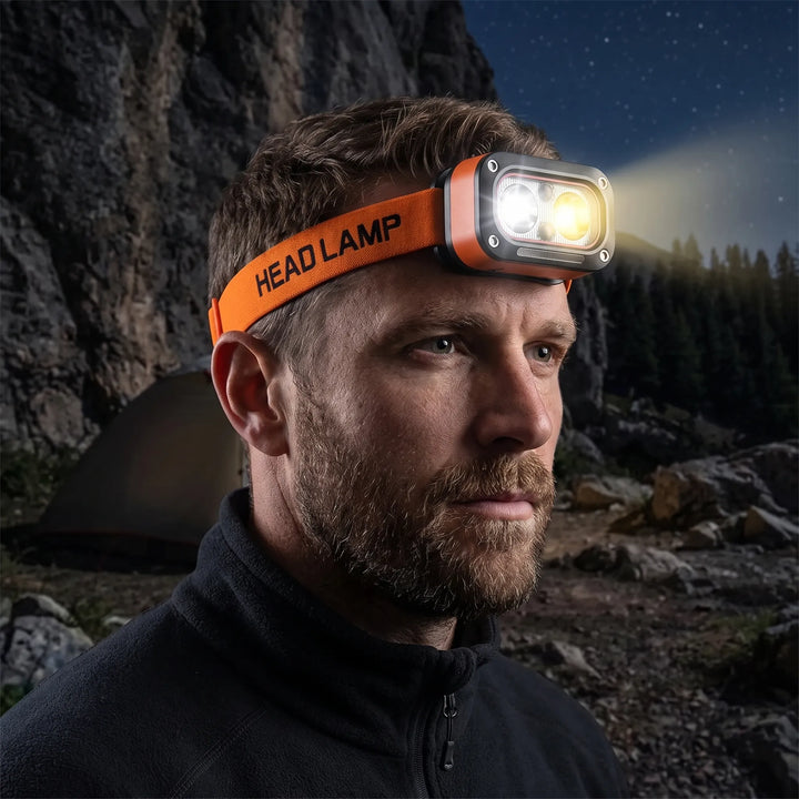 Rechargeable LED headlamp with motion sensor for hands-free outdoor use, hiking, and camping. Water resistant.
