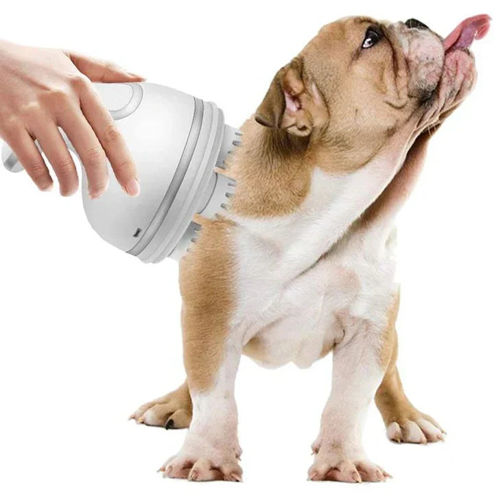Dog enjoying a pet electric head massager, designed for stress relief and animal care