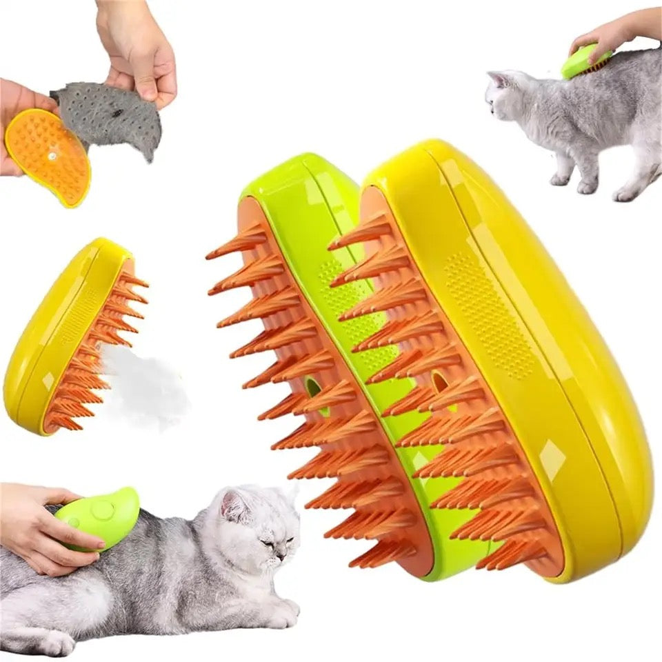 Rechargeable Pet Grooming Steam Brush for dogs and cats, effectively removing fur and massaging pets.