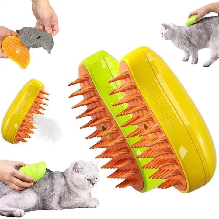 Rechargeable Pet Grooming Steam Brush for dogs and cats, effectively removing fur and massaging pets.