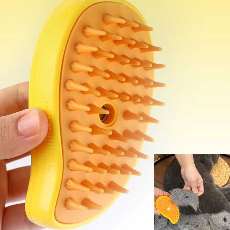 Dog enjoying a relaxing massage with the Pet Grooming Steam Brush, promoting healthy fur.