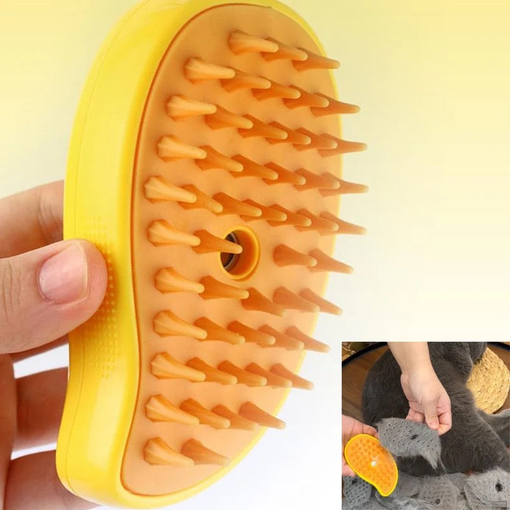 Dog enjoying a relaxing massage with the Pet Grooming Steam Brush, promoting healthy fur.