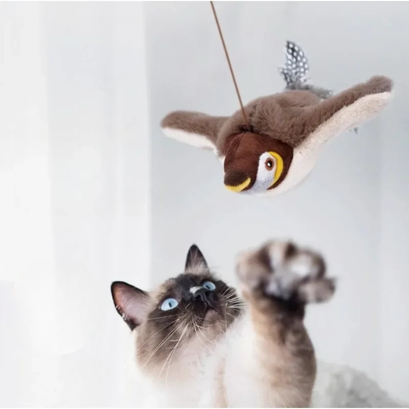 Rechargeable plush bird cat toy with chirping sound and flapping wings for interactive feline play