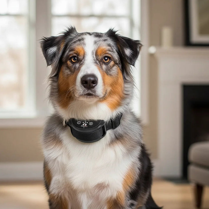 Rechargeable waterproof dog bark control collar with reflective strip on a black background