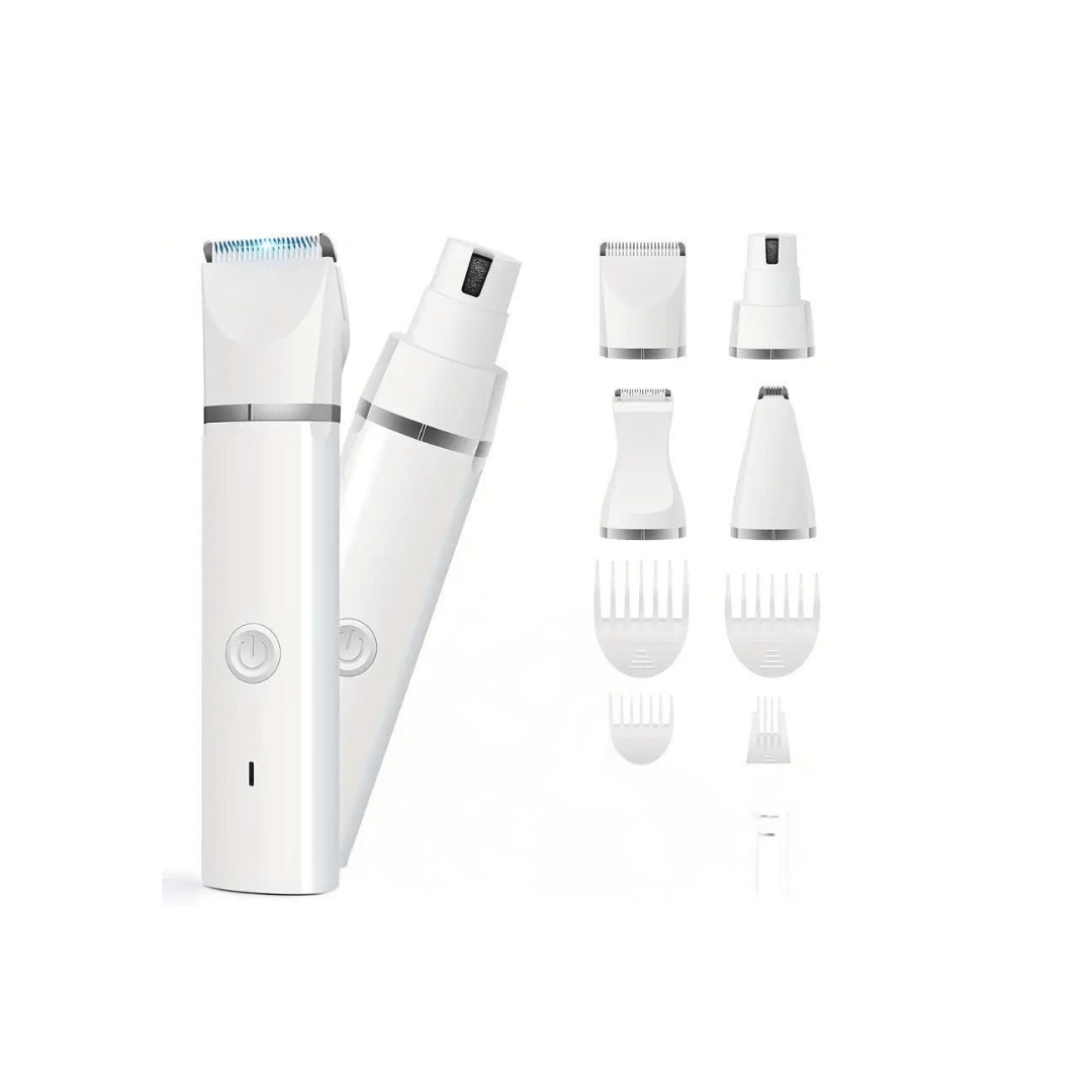 Cordless pet grooming clippers and accessories for dogs, highlighting low noise and waterproof design