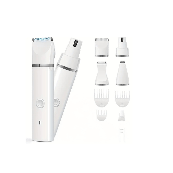 Cordless pet grooming clippers and accessories for dogs, highlighting low noise and waterproof design