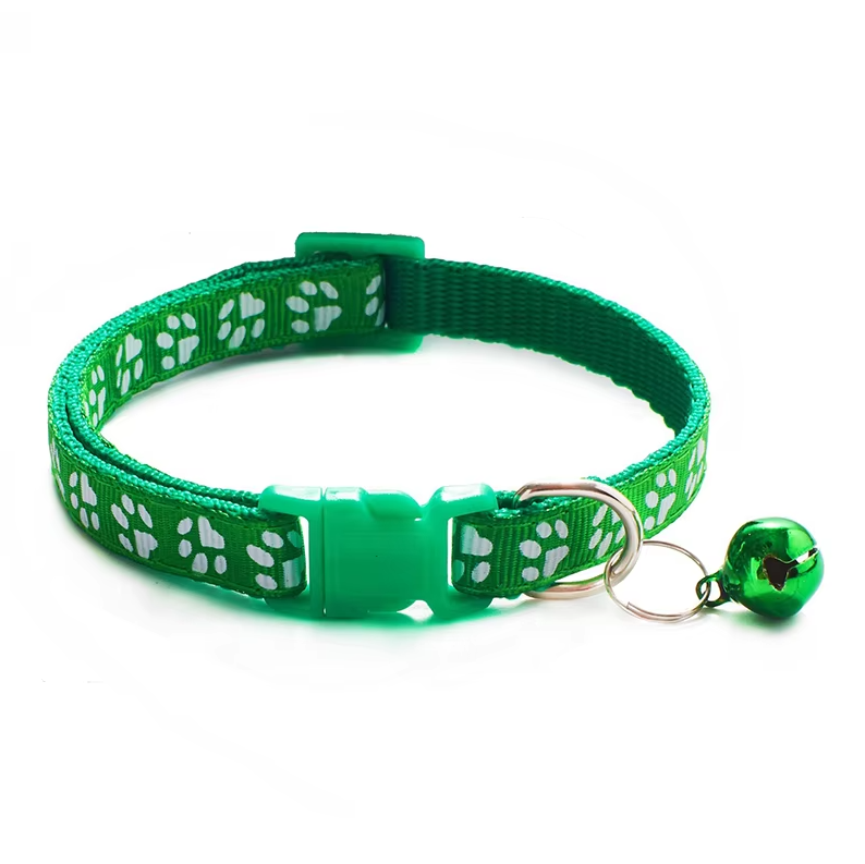 White adjustable cat collar with reflective strip & bell for nighttime safety