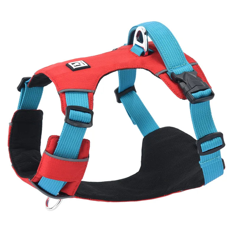Reflective dog harness displayed flat, showing its durable, waterproof material and easy-to-adjust buckles for pets.