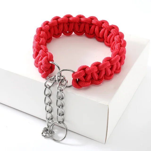 Detail of adjustable nylon pet collar's secure buckle, ensuring comfort and safety during training.