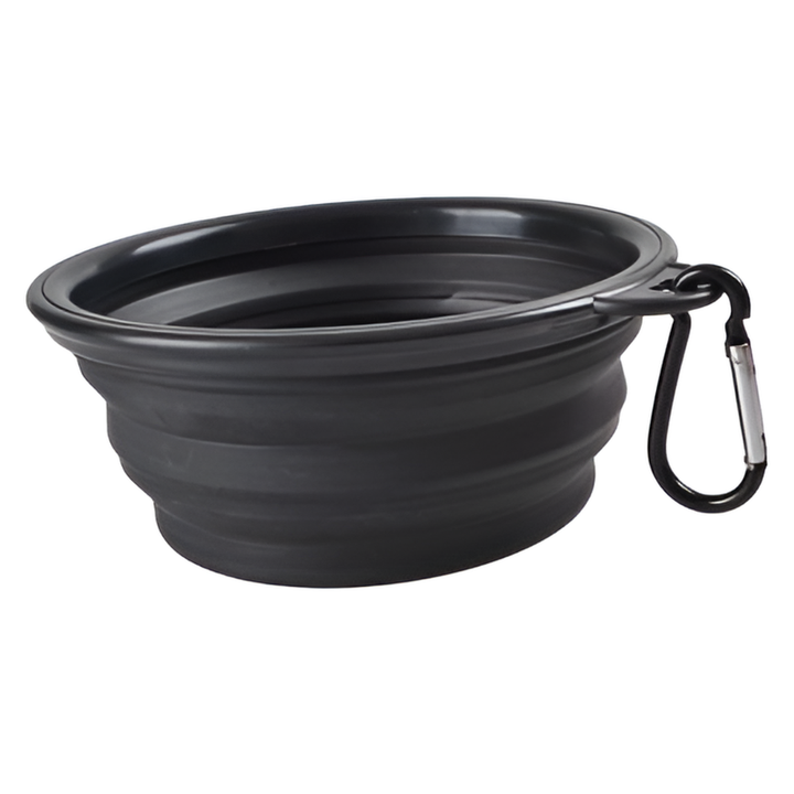 Blue collapsible silicone pet travel bowl, an essential portable food & water dish for dogs and cats.