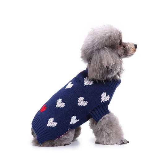Warm red dog jumper with repetitive white snowflake patterns, pet holiday outfit