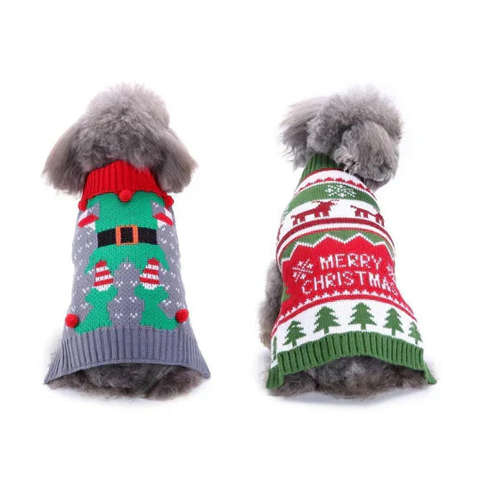 Dog in a red and white snowflake jumper, ready for Christmas celebrations