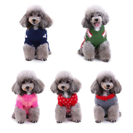 Close-up of a festive dog jumper with white snowflake pattern, warm pet sweater