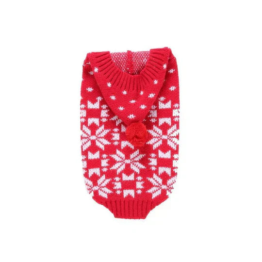 Comfortable dog jumper, red with white snowflakes, ideal for cold weather
