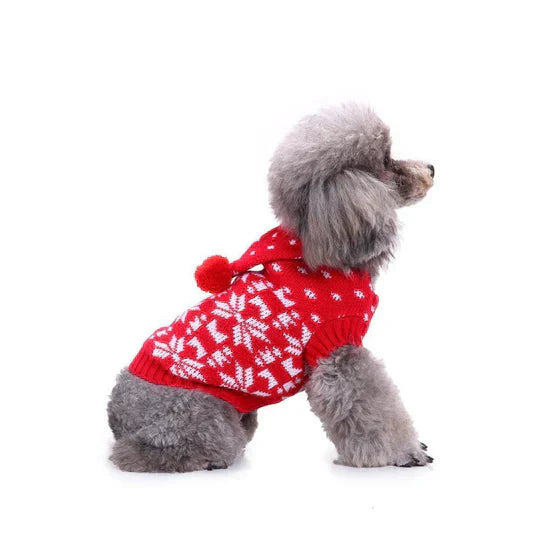 Winter dog clothes: red Christmas pet jumper adorned with various snowflakes