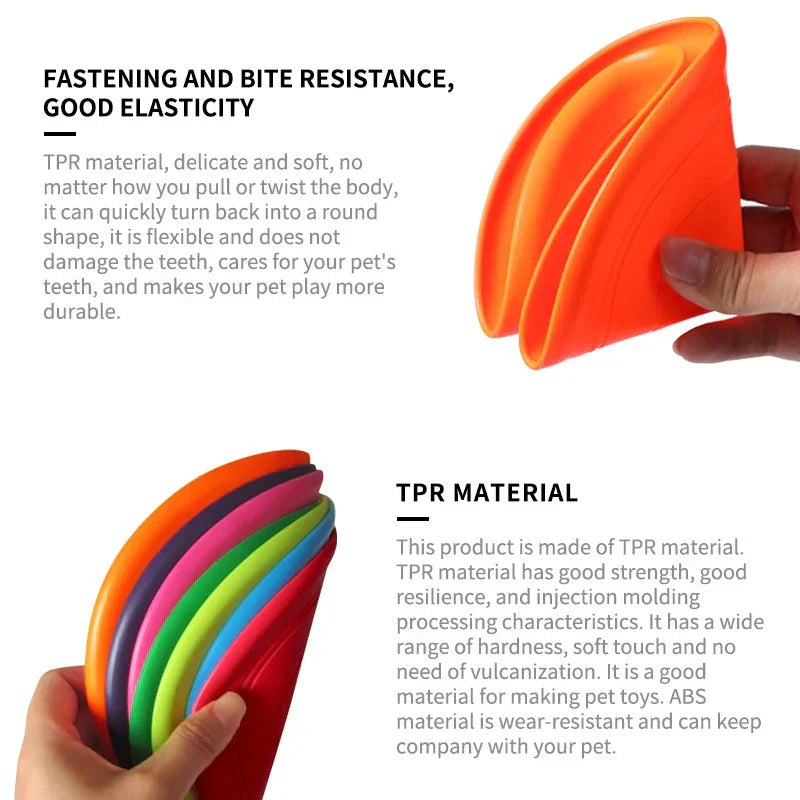 Durable dog frisbee, blue, held by a person's hand, demonstrating its size for pet play.