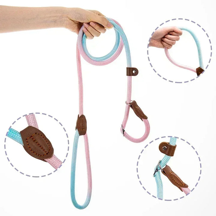 Green ergonomic nylon dog leash and collar set, perfect for comfortable and safe dog walks.