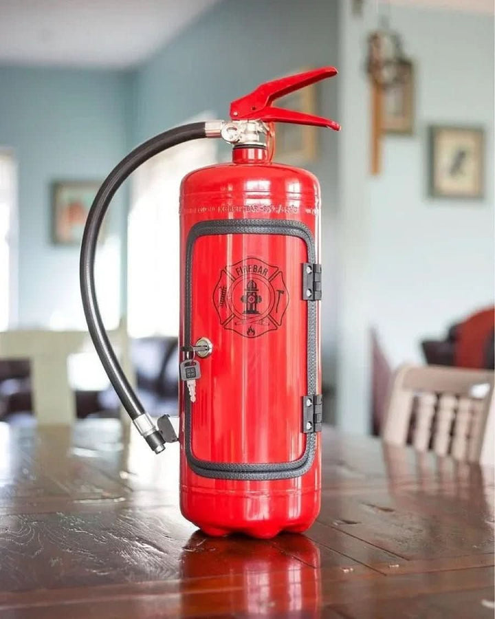 Red fire extinguisher mini bar for secret liquor storage. Unique novelty decor for man cave or home bar.