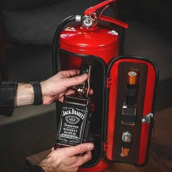Novelty fire extinguisher drink organizer. Secret storage for spirits and bar accessories, ideal for man cave decor.