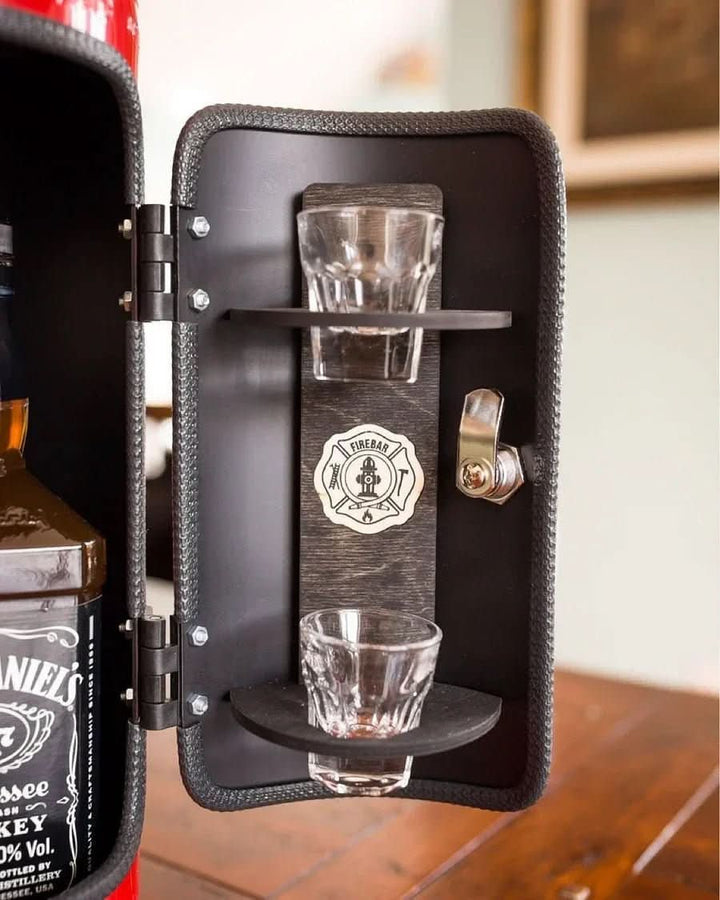 Cool fire extinguisher mini bar. Hidden liquor storage and unique home bar accessory for office or man cave decor.