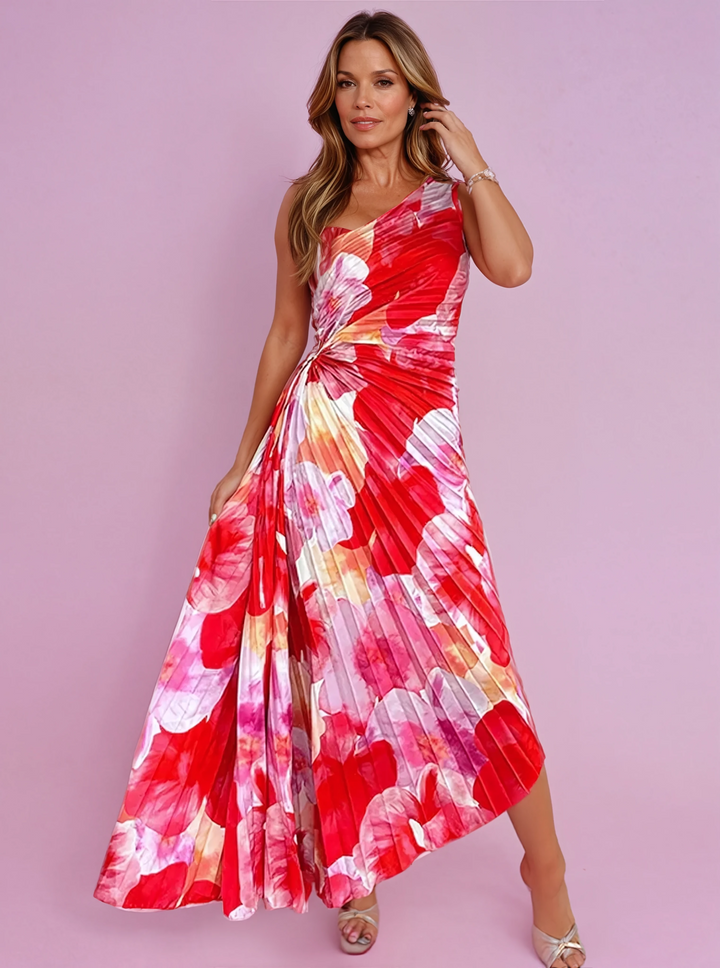 Red floral pleated maxi dress for women, perfect as a wedding guest or special occasion dress.