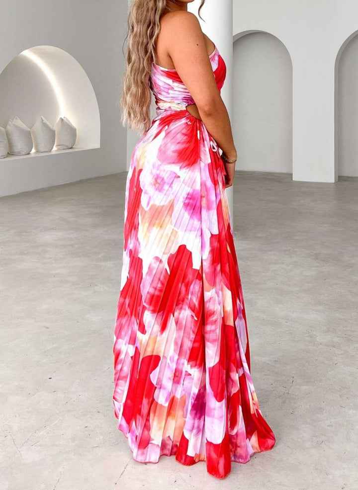 Women's long red floral pleated maxi dress, perfect for wedding guests & formal evening events.
