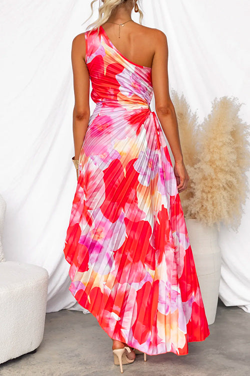Long red floral pleated maxi dress for women, a stylish choice for wedding guest attire.